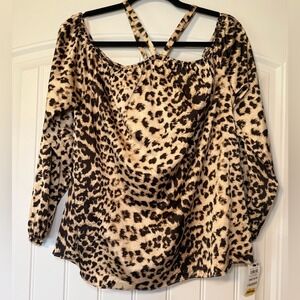 INC International Concepts Leopard Print Off The Shoulder Blouse Womens Medium